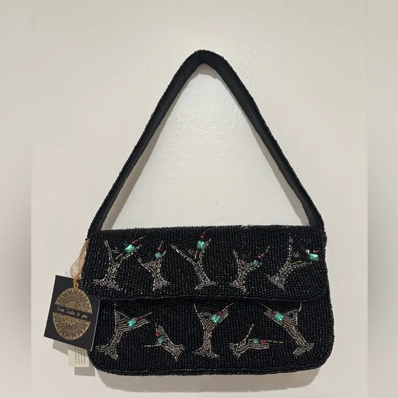 Viral Beaded Black Martini Cocktail Clutch Shoulder Bag - Picture 1 of 13